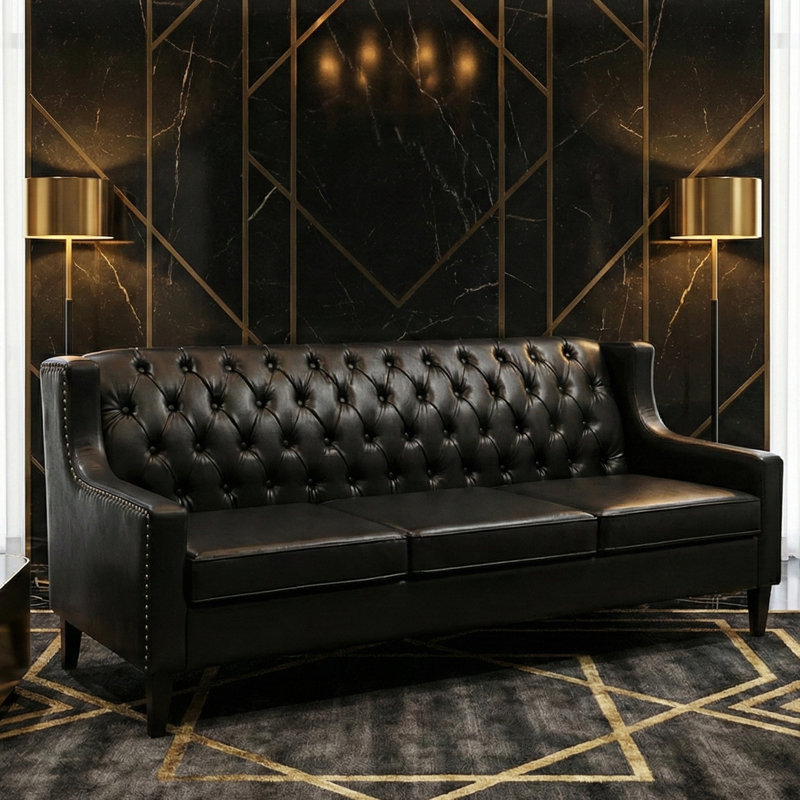 Canapé Chesterfield de 78,75 po avec dossier capitonné et pieds en bouleau, PU, Noir