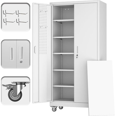 Metal Storage Cabinet with Wheels and Pegboard, 71" Tall Industrial Steel Cabinet with 5 Adjustable Shelves & Locking Doors, Rolling Garage Storage Cabinet for Office, Pantry, Home