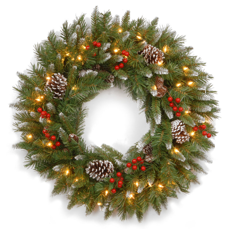 Frosted Berry Wreath with Clear Lights, 30" H x 30" W x 9" D