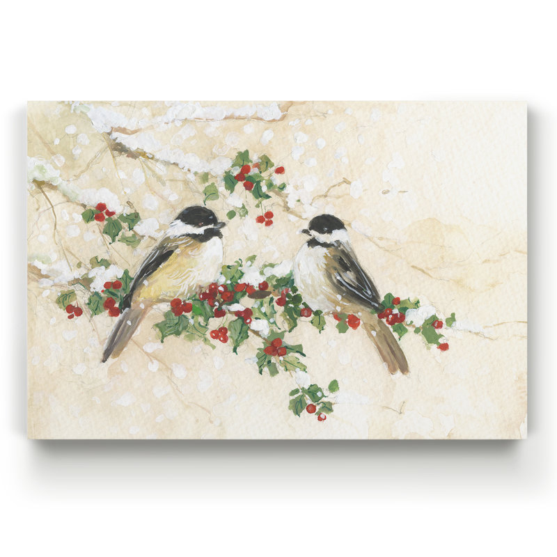 Chickadees and Holly - reproduction d'art sur toile tendue, H 20 po x l 16 po x P 1 po