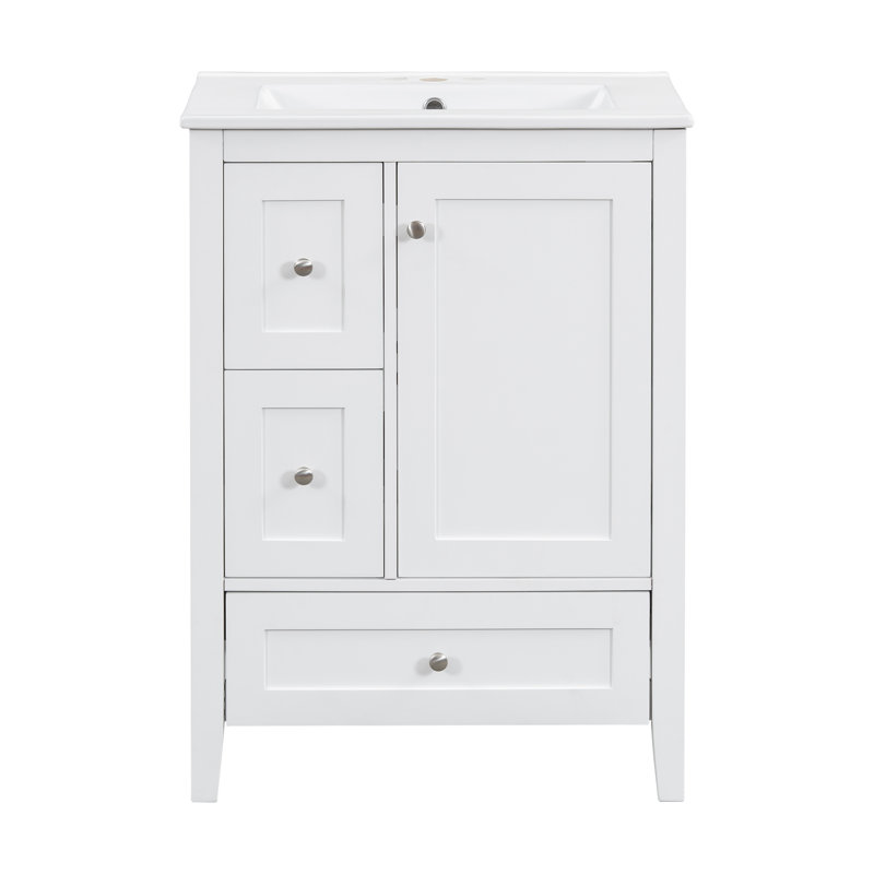 Meuble-lavabo de 24 po avec rangement, tablette réglable, panneau de fibres à densité moyenne et bois d'hévéa, cloisons amovibles, finition blanc brillant