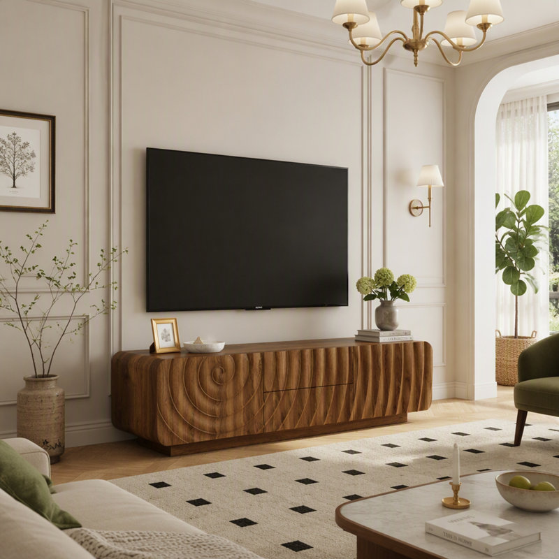 Console télé Mid-Century de 58 pouces avec conception unique en spirale ondulée, armoire de rangement et 2 tiroirs pour le salon et la chambre à coucher