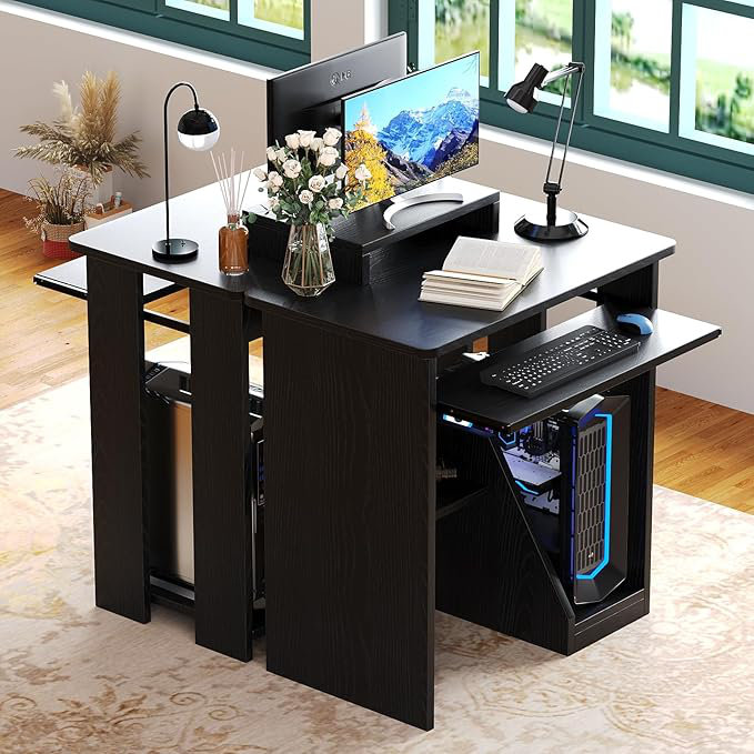 Petit bureau pour ordinateur portable avec tablettes de rangement Oveson 29,5 pouces, Noir, noir, noir, noir