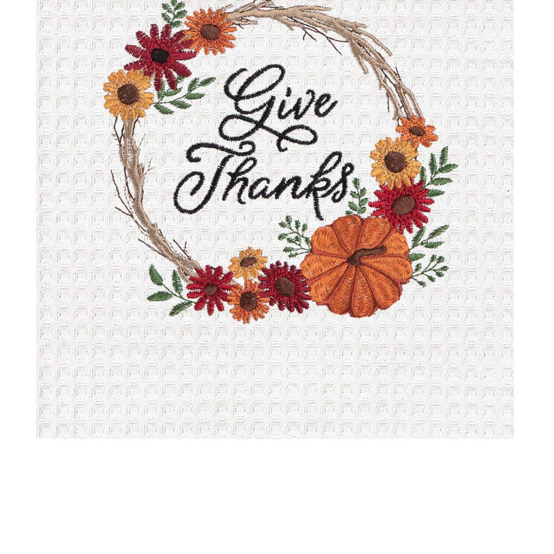 "Give Thanks" Thanksgiving Pumpkin Harvest Wreath Cotton Waffle Weave Dishtowel