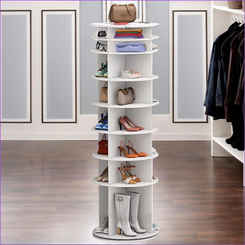 Rotating Shoe Rack Tower | 8-Tier 360° Spinning | Space-Saving | Snow White | PVC