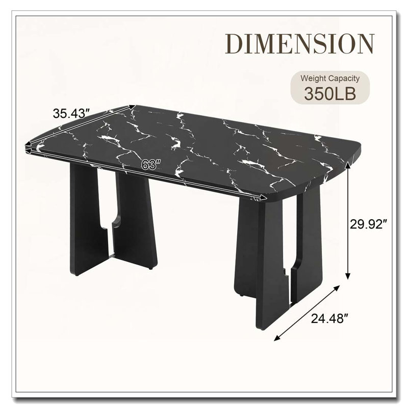 Table de salle à manger 63 po moderne en faux marbre, élégante table de salle à manger et de cuisine pour la maison, Noir