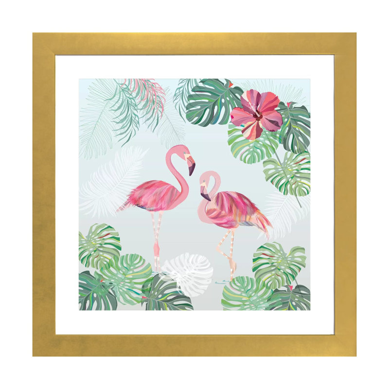 Festive Flamants de Turnowsky - impression d'art graphique, Encadré en papier doré, H 16 po x l 16 po x p 1 po