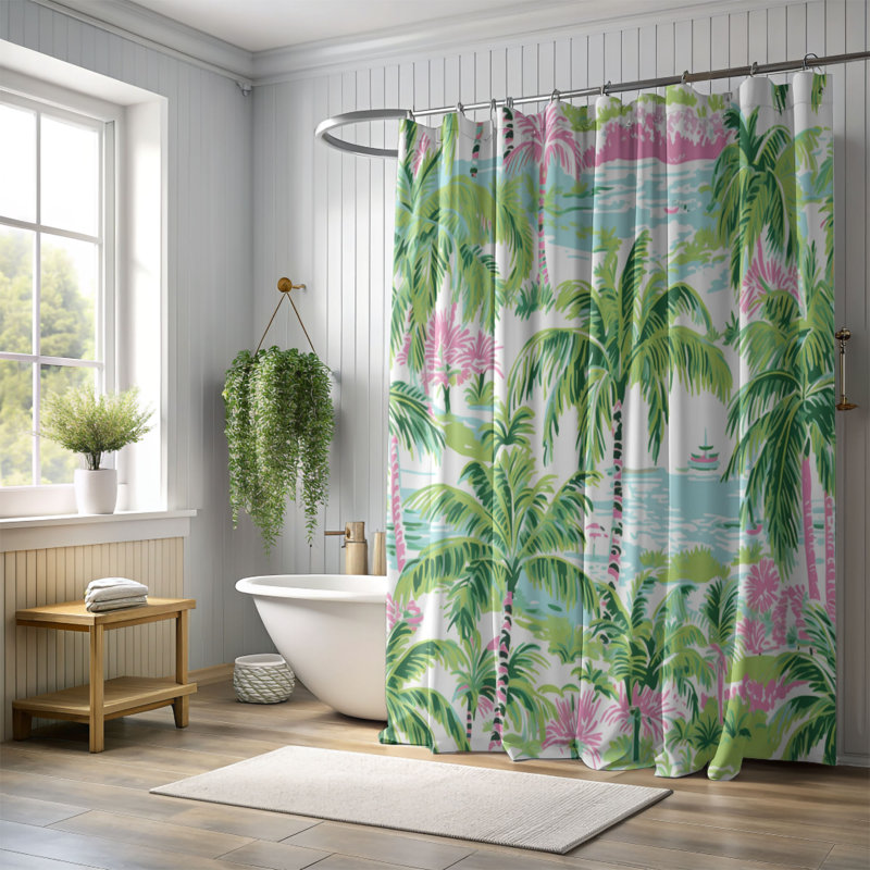 Rideau de douche standard 1 pièce rose et vert, H 74 po x l 71 po