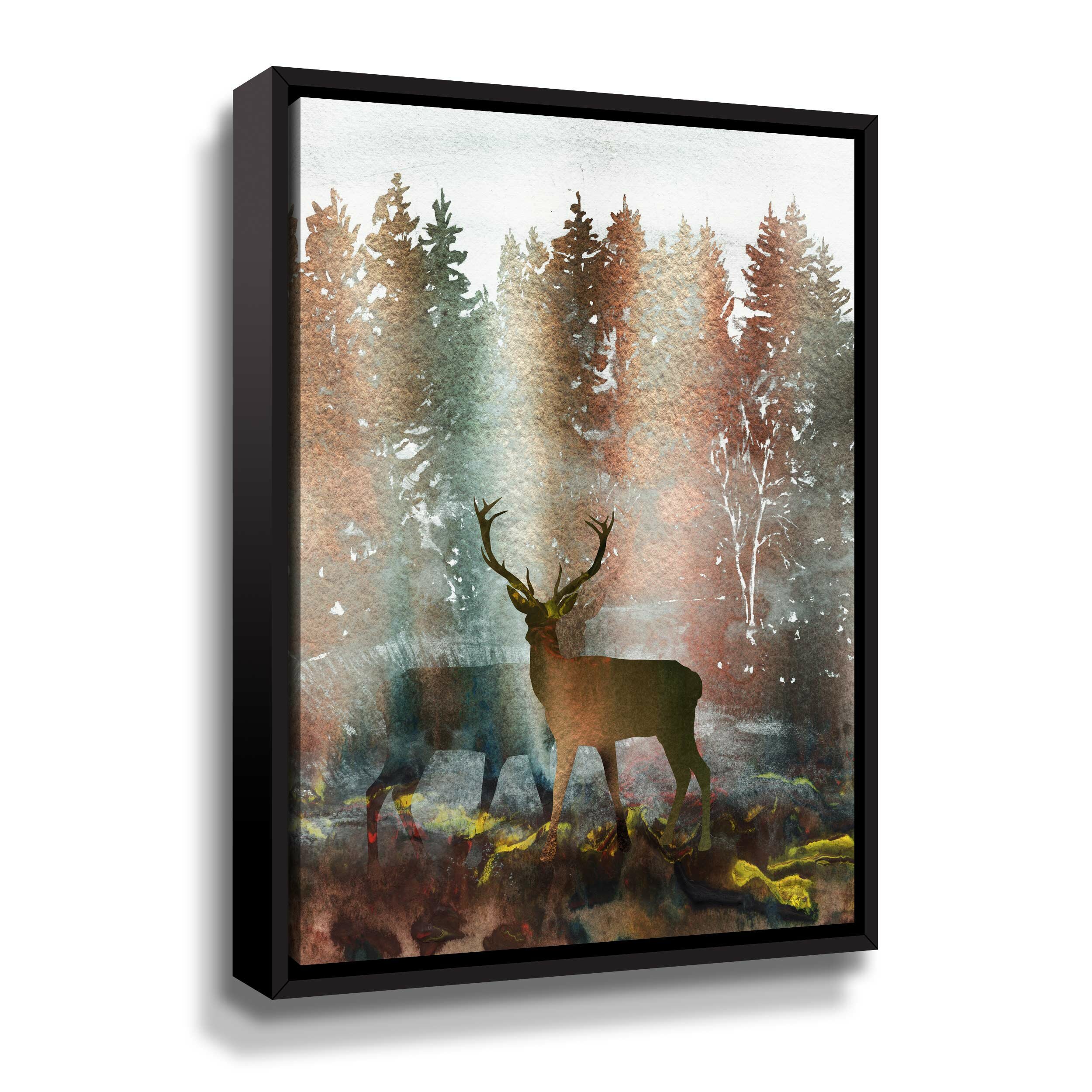 Millwood Pines 'Two Deer Bucks in The Foggy Forest' - Print | Wayfair