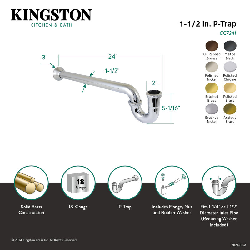 Kingston Brass Vintage 1-1/4 (or 1-1/2) x 1-1/2 Inch Decor P-Trap with Bell Flange, 24 Inch Length, 18 Gauge, Antique Brass