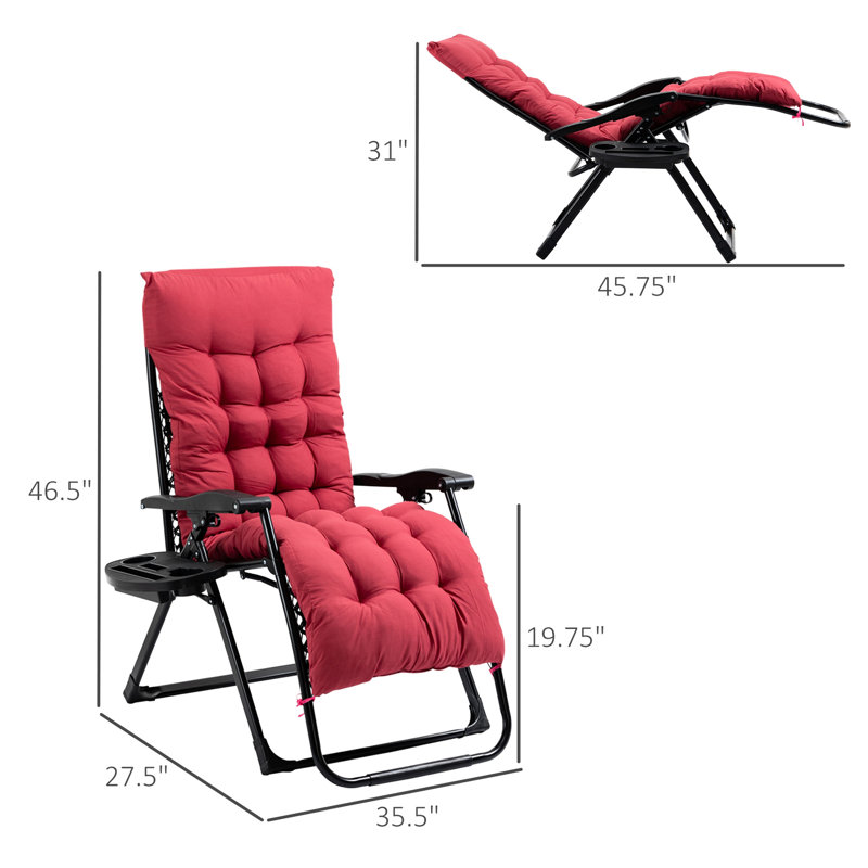 Red Reclining Folding Chair With Padded Seat And Side Tray, Zero Gravity, 264 Lbs Weight Capacity For Indoor & Outdoor Lounge Cushion Cabinet, Red, Capacity,