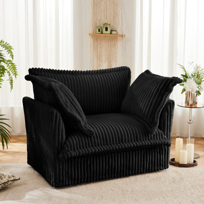 Armchair With High Back Pillows, Black Corduroy, Relaxing Seating Sponge Filling, Deep Seat