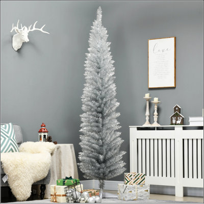 Arbre de Noël artificiel 7 pi, arbre de Noël mince avec 499 branches réalistes et base en plastique, argent