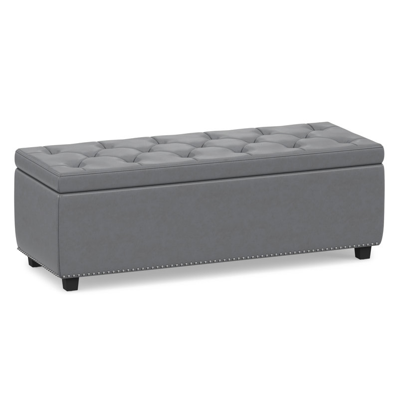 Banc de rangement avec repose-pieds clouté rectangulaire en cuir Vegan, Similicuir gris pierre