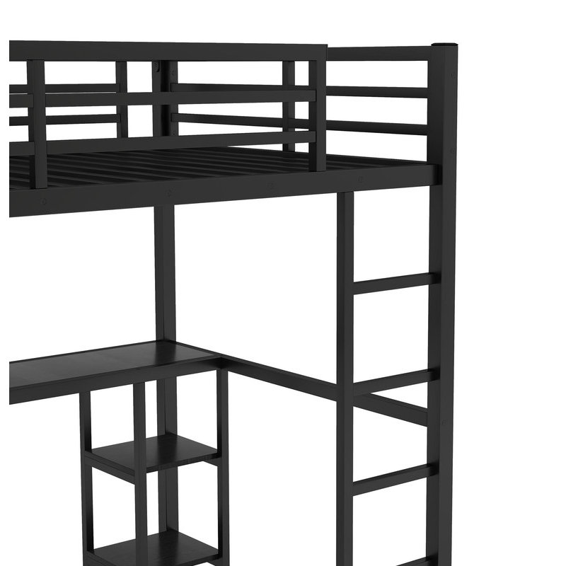 Loft Bed Frame with Built-in Wardrobe, Metal Loft Bed with Desk and Storage Shelves, Black, Full / Double