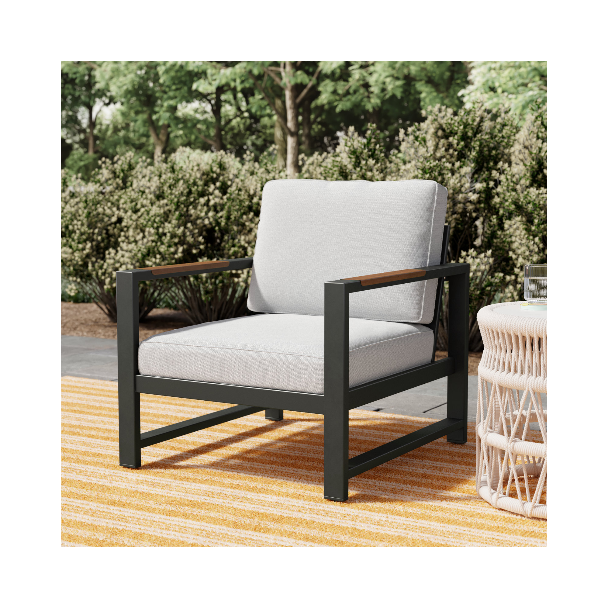 Jayton Powder Coated Aluminum Outdoor Lounge Chair, Black, Beige