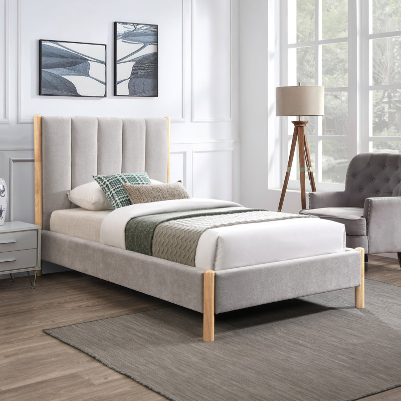 Lit à panneau tapissier Gasaway, Simple, Tissu de polyester gris