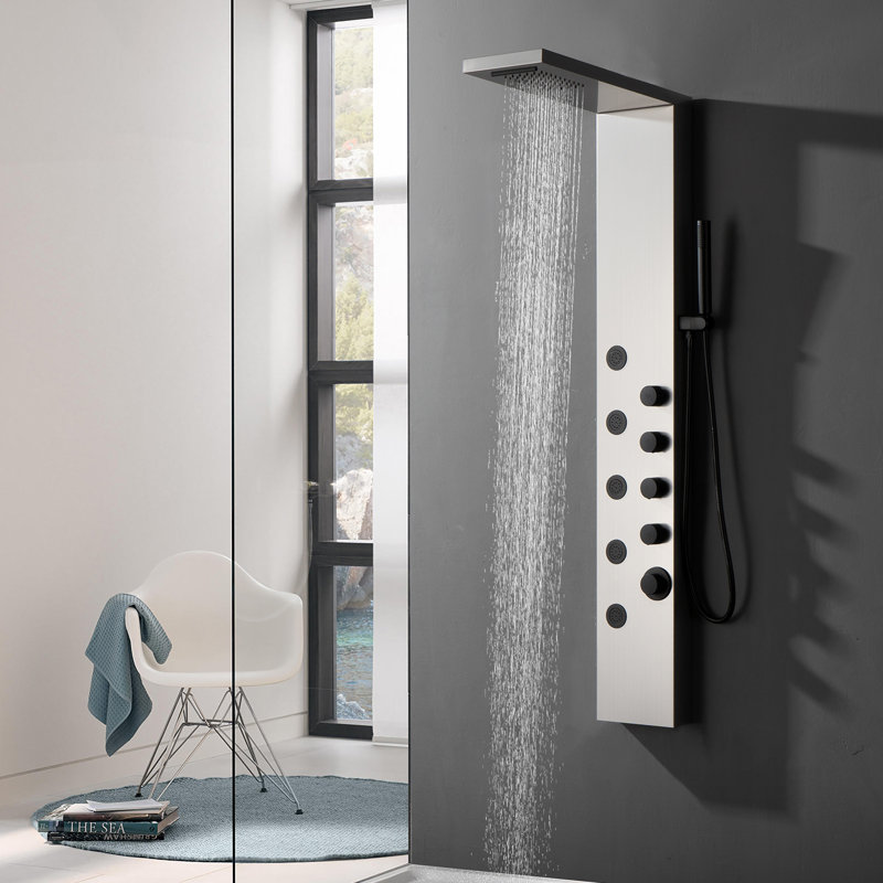 5-Jet Modern Rainfall Shower Panel, Matte Black/Brushed Nickel