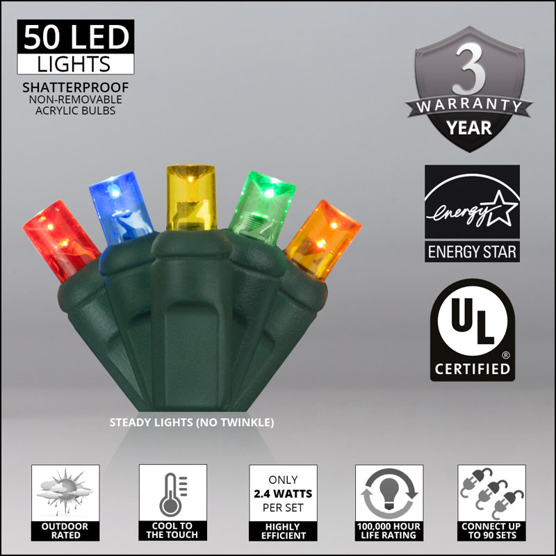 25' 50-Light Shatterproof Wide Angle LED Mini String Lights (End to End Connectable), Multicolor