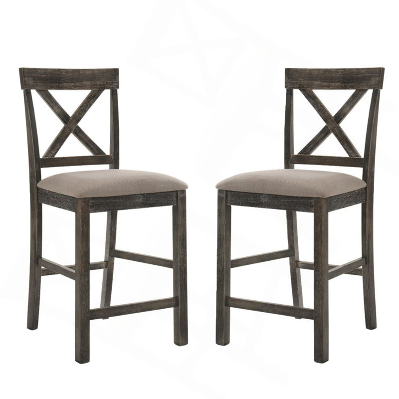 Ensemble de 2 chaises à hauteur de comptoir avec siège rembourré en lin, brun clair et gris patiné