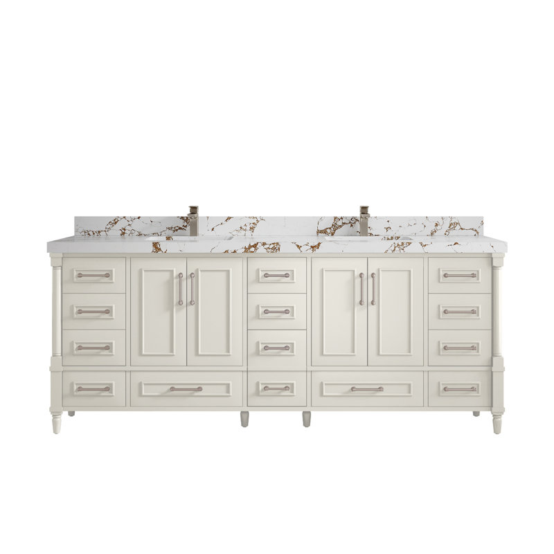 Aberdeen 84'' Double Bathroom Vanity with Quartz Top, Viola Brown, Alabaster