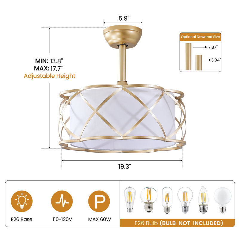 19" Modern Caged Ceiling Fan with Fabric Shades, Light Kit and Remote Control, Gold