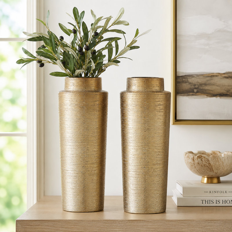 12.9" Elegant Gradient Textured Ceramic Vase, Gold