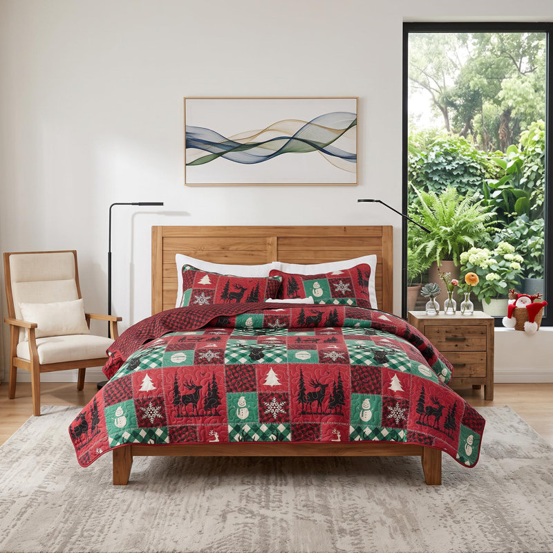 Ensemble de courtepointe de Noël à motif patchwork avec renne, flocon de neige et imprimé arbre, 106 po x 96 po