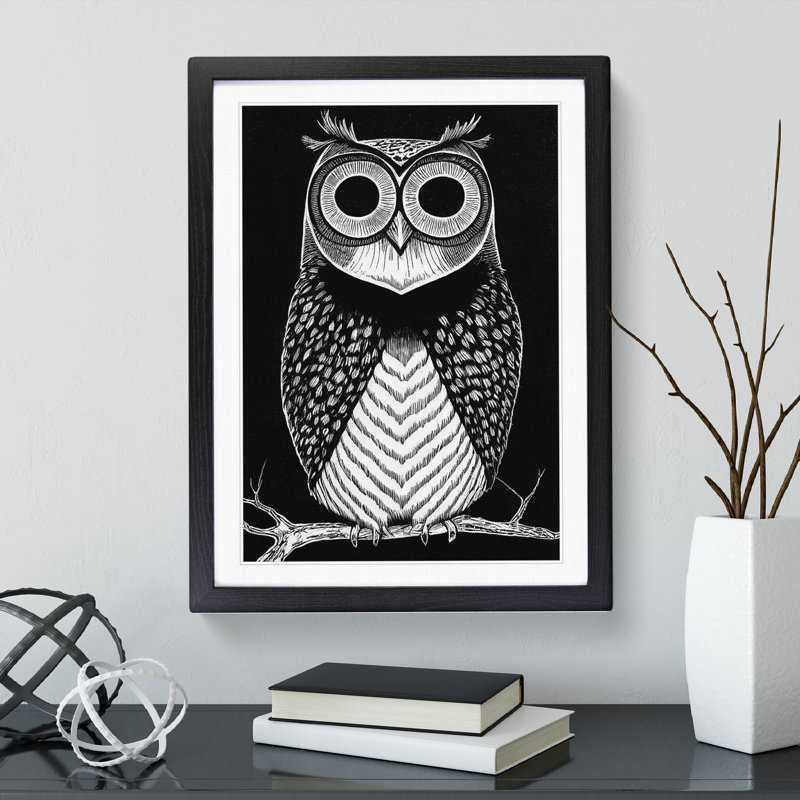 Owl In Monochrome No.2 - Single Picture Frame Print, 64cm H x 46cm W x 2cm D, Black