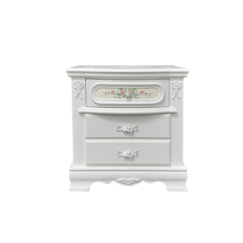 2 Table de chevet blanche avec chambre à coucher avec touche florale - mécanisme de glissement en bois au centre fiable, tiroirs solides, motifs de confort doublés de feutre, rangement pratique, construction, compartiment pratique
