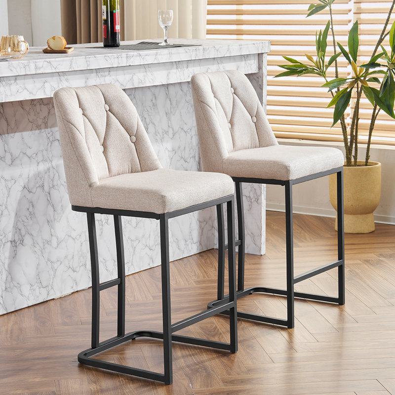 Upholstered Bar Stools Set of 2 with Sturdy Metal base and Button-Tufted Backrest, Beige