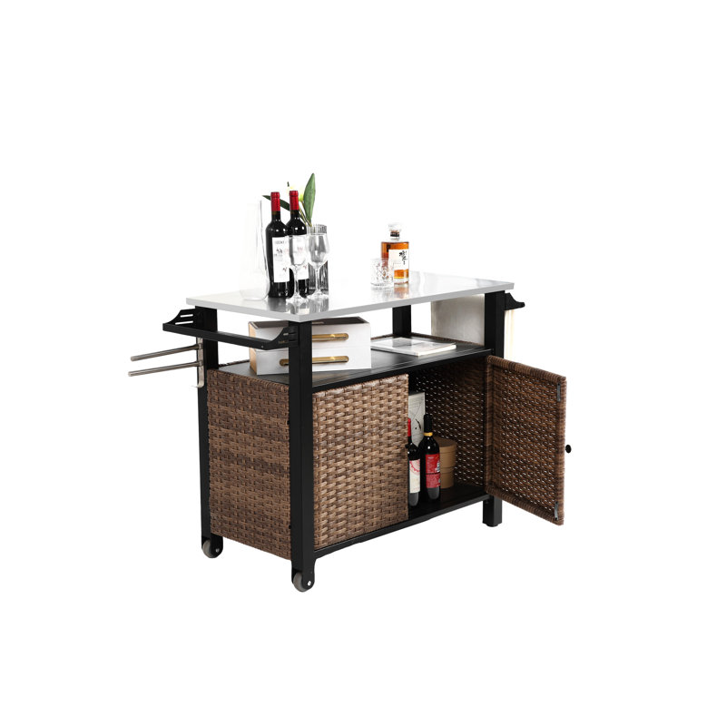 Chariot pour îlot extérieur et armoire de rangement avec plateau en acier inoxydable pour le jardin et la cuisine, poignée latérale roulante brune, utilisation pour patio