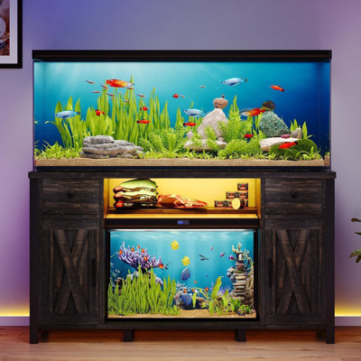 Helge 75 Gallon Fish Tank Stand with LED Light & Power Outlets, 55-75 Gallon Aquarium Stand with 2 Drawers & 2 Barn Doors,Cabinet for 2 Fish Tank Accessories Storage