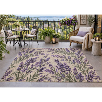 Tapis d'extérieur 152 x 213 cm (5' x 7') à motif floral botanique lavande, épais, imperméable, en PVC bouclé, résistant et à séchage rapide, idéal pour terrasse, balcon, entrée, VR ou autre espace de vie.
