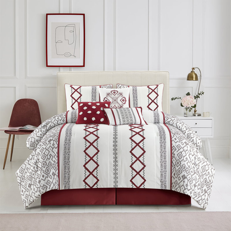 Ensemble d'édredon en microfibre 7 pièces Anthony, Édredon de très grande taille et 6 pièces suppl, Blanc /Rouge