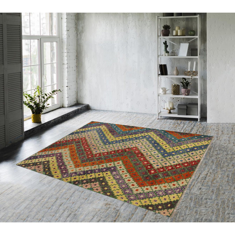 Tapis bleu / beige en laine noué à la main de style sud-ouest Syracuse 5 pi 6 po x 7 pi 9 po