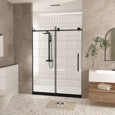 56 - 60" Wide And 76" High Shower Door, 1/4"  6 Mm  Clear Tempered Glass, Matte Black, Proof Film, Large Wheels, Water Blocking, Smooth Sliding, Dry Bathroom Solution Easy To Maintain, Blocking Strip