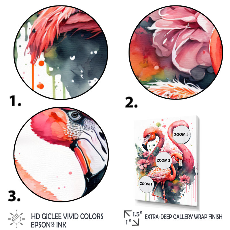 Mignonnes flamants roses - Peinture sur toile, 40" H x 30" W x 1.5" D, Toile tendue