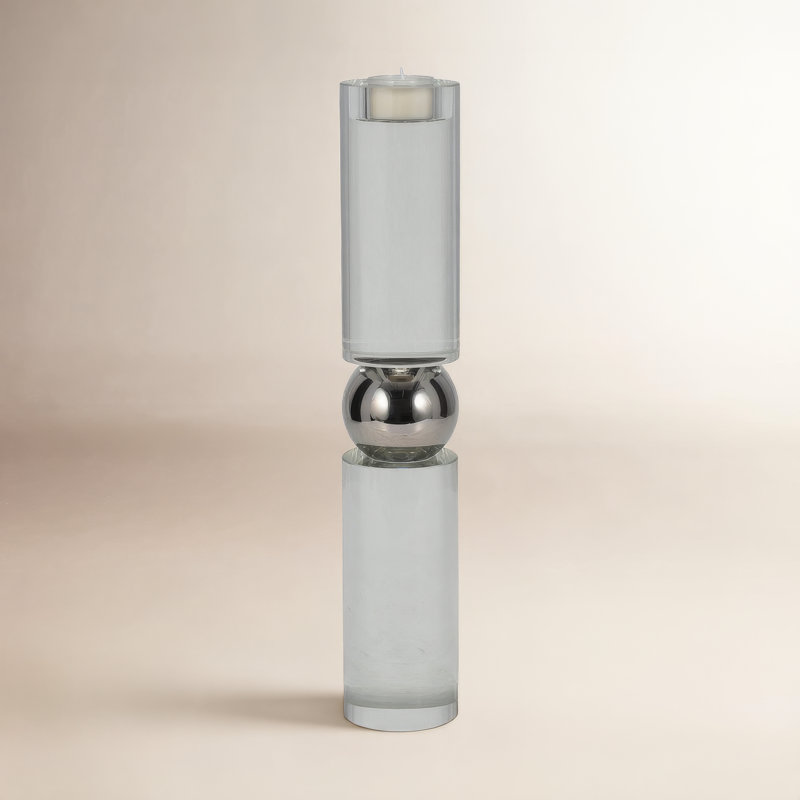 Modern Glass Cylinder Taper Candle Holder for Tabletop Decor - Decorative Sculptural Candlestick Holder for Entryway or Living Room Accent - Silver