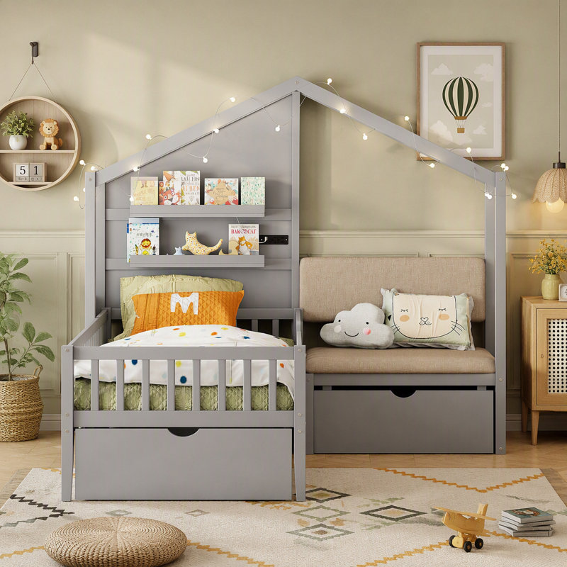 Lit simple avec canapé-lit, lit maison avec station de charge, Gris