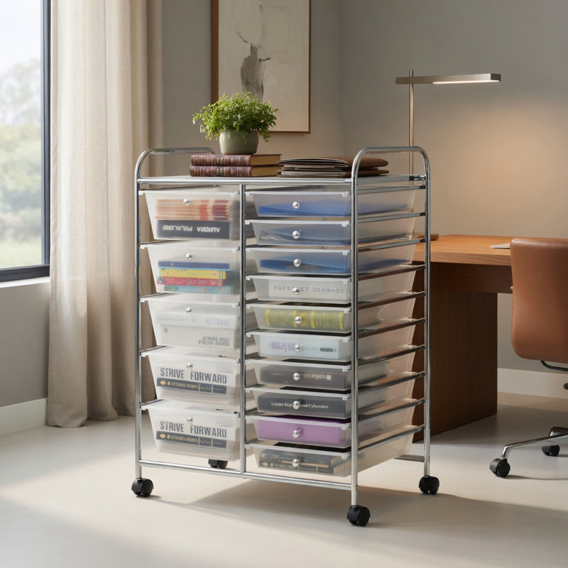  Organisateur de chariot de rangement roulant à 15 tiroirs avec roues verrouillables, structure en acier argenté, tiroirs en plastique transparent pour la maison, le bureau, le garage et la salle de classe, blanc