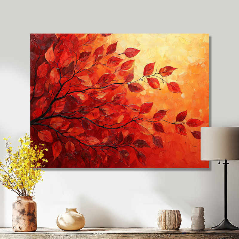 Automne, coucher de soleil et feuille d'érable I - feuilles, impression sur métal, H 30 po x l 40 po
