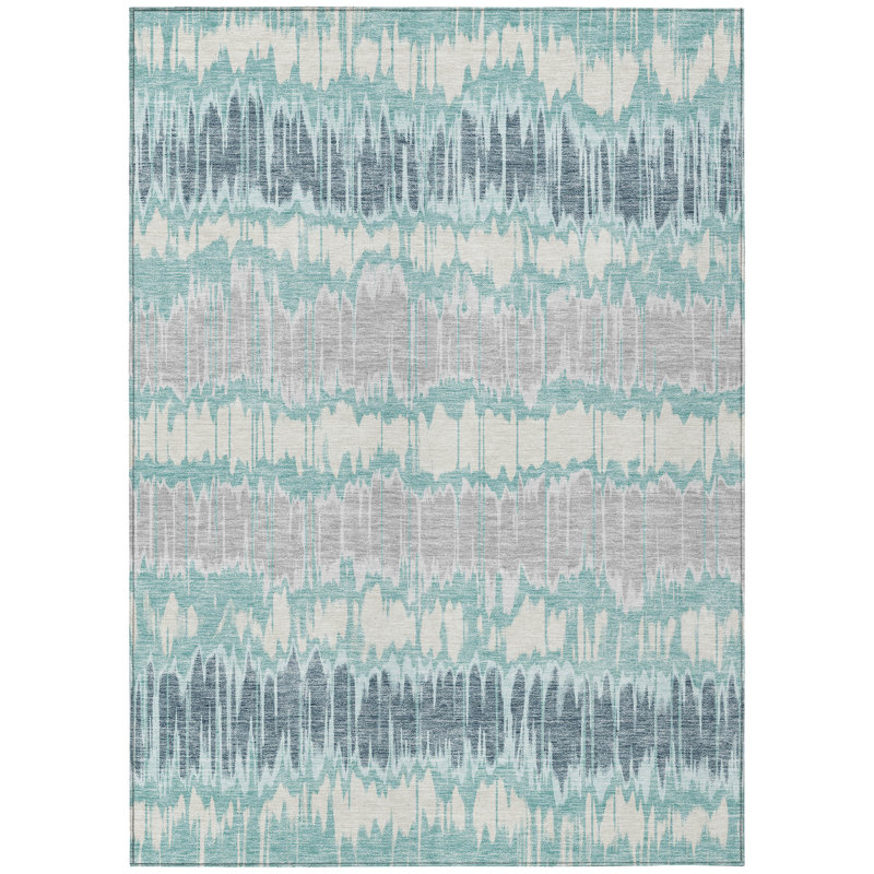 Tapis extérieur lavable à rayures bleu sarcelle 9 pi x 12 pi bleu turquoise et argent