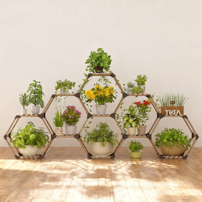 Hexagonal Plant Stand 11 Tier Wooden Shelf Indoor Outdoor Large Capacity Creative Flower Pot Holder For Living Room Balcony Garden
