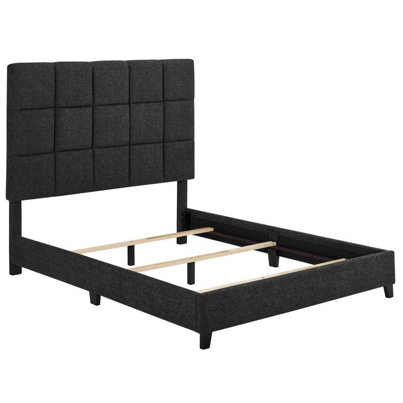 Grand lit plateforme tapissier moderne avec garniture en tissu et en mousse, gris foncé
