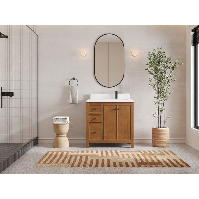 Meuble-lavabo simple 36 po avec plateau en quartz Cleven, Blanc