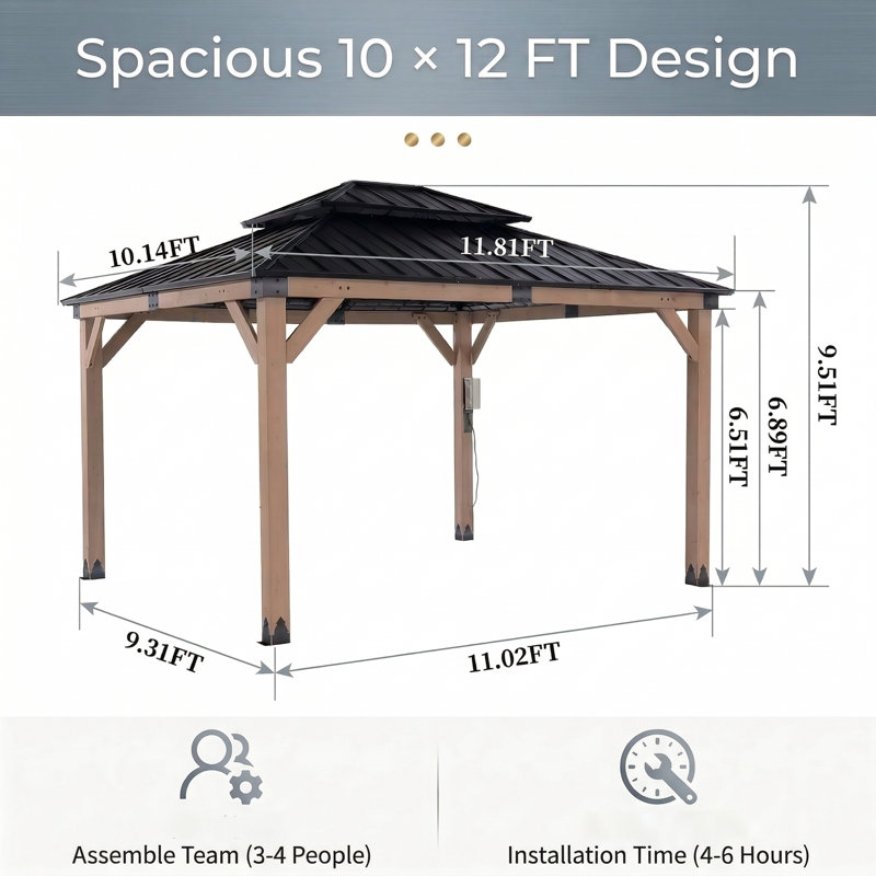 10 x 12 pi Pavillon de jardin en bois de cèdre avec prise électrique, toit rigide en acier galvanisé à double toit, pavillon de patio extérieur pour terrasse et jardin (couleur bois gris)