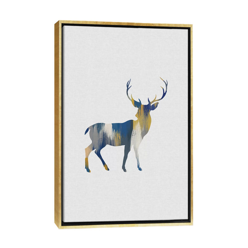 Cerf bleu et jaune - impression d'art graphique, H 60 po x l 40po x P 1,5 po, Toile encadrée d'or