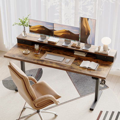 Bureau debout électrique à hauteur réglable de 63 po avec tiroirs, bureau à domicile avec grande tablette pour moniteur