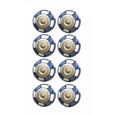 Set of Eight Blue White And Gold Geometric Ceramic Drawer Pull Knobs
